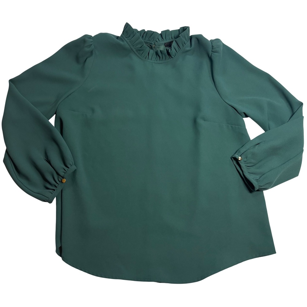 J.Crew Ruffle Neck Blouse Women Green Excellent Long Sleeve Office Top Large